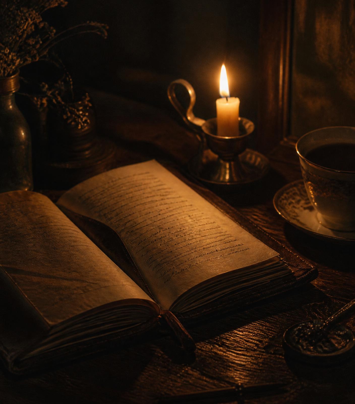 An open leather-bound journal beside a lit candle in warm amber light