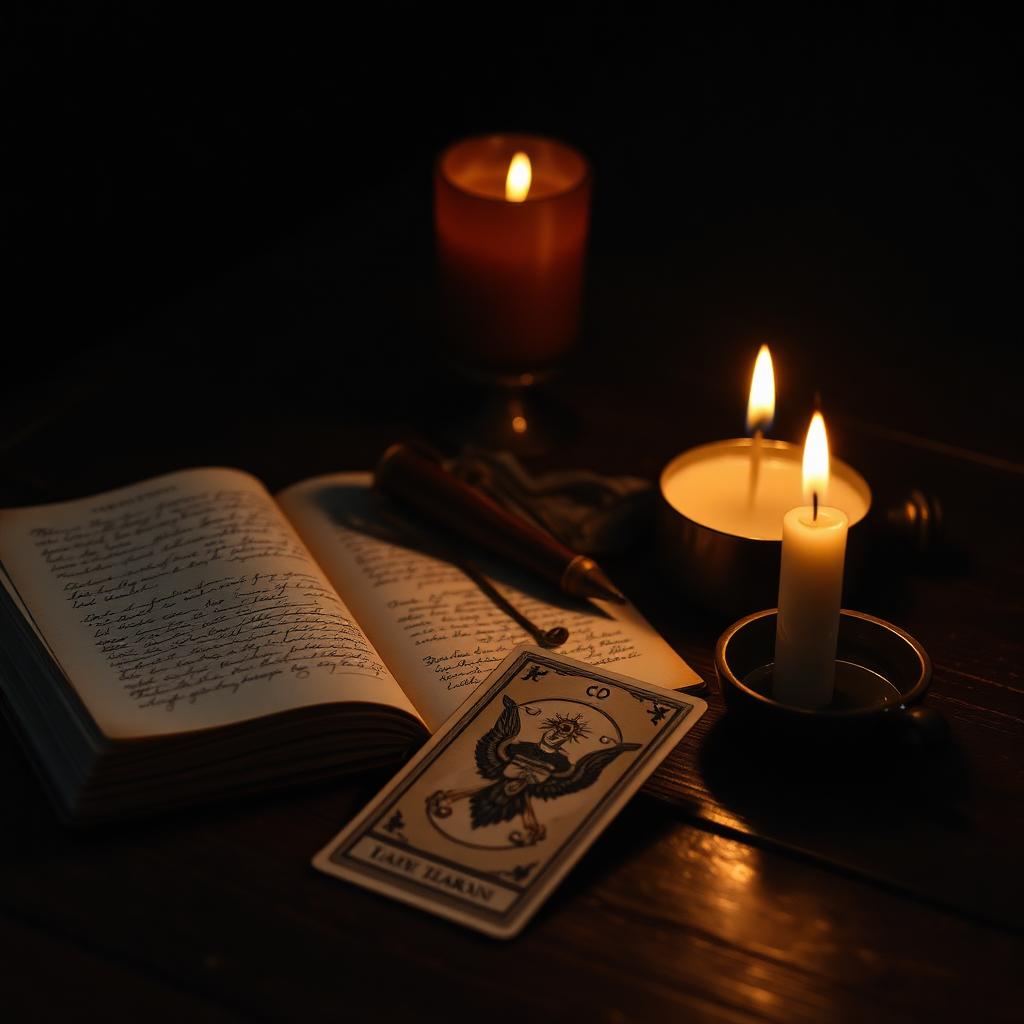 A handwritten tarot notebook and a single card beside a lit candle